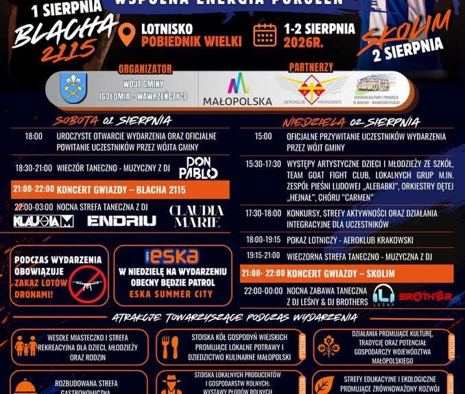 Eksplozja Mocy 2026 na Lotnisku Pobiednik Wielki. Dwa dni muzyki, pokazów lotniczych i rodzinnych atrakcji - SKOLIM, BLACHA 2115